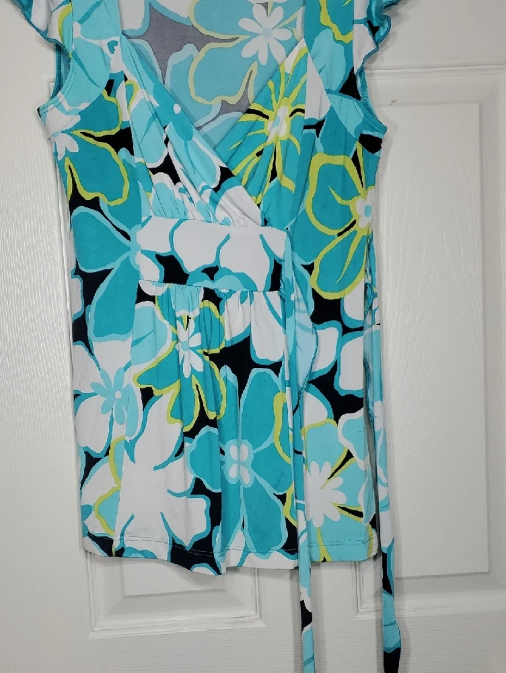 Floral Teal Blouse with Side Tie Flutter Short Sleeve Hawaiian